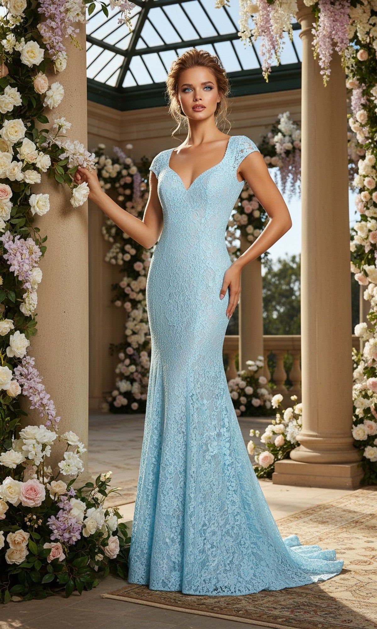 A woman wearing the Cap-Sleeve Long Lace Prom Dress: La Femme 21509 in light blue stands outdoors among floral decorations, columns, and hanging flowers.